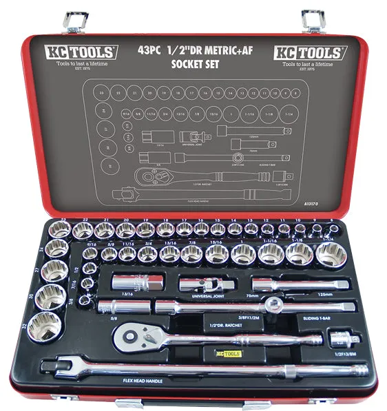 1/2" Drive Socket Set, AF & Metric 43 Piece KC Tools