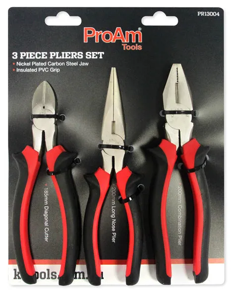 3 Piece Pliers, 185mm Diagonal Cutting, 200mm Long Nose, 200mm Combination KC Tools